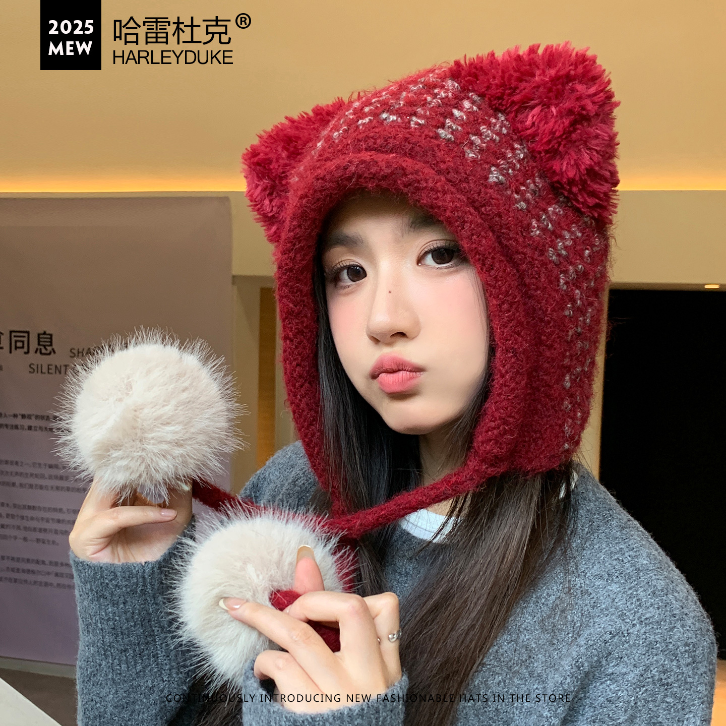 可爱甜美耳朵毛线雷锋护耳帽女冬