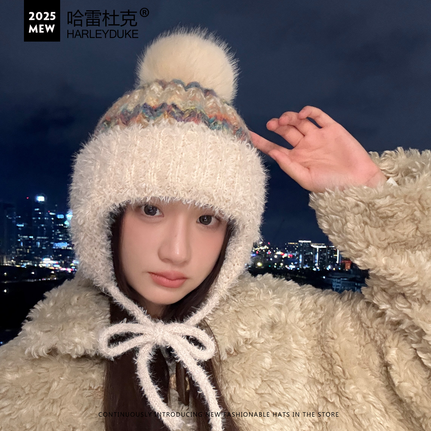 冬季加绒护耳绑带毛线雷锋帽子女