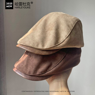 皮革弯檐拼接麂皮绒前进帽男女街头潮酷显脸小反戴贝雷鸭嘴帽秋冬