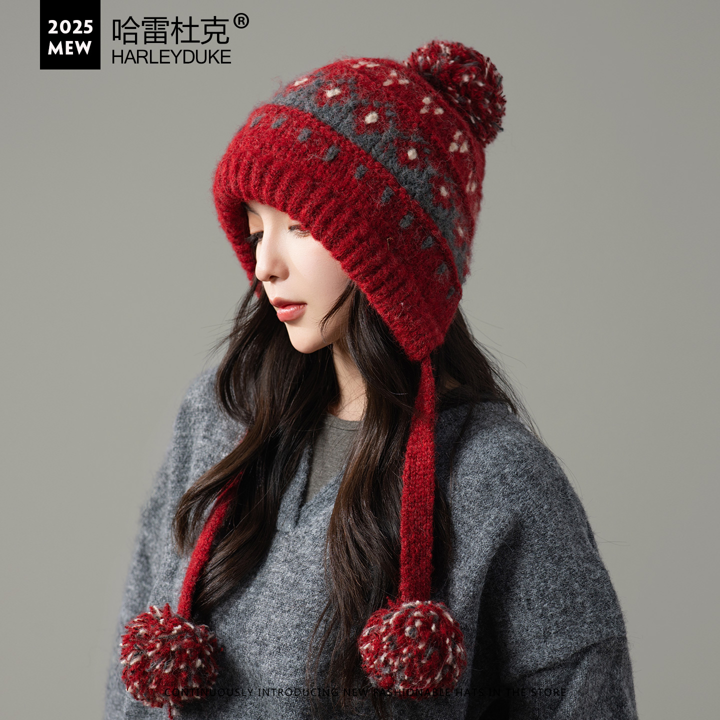 甜美费尔岛风提花毛线帽子女冬季针织护耳保暖显脸小绑带毛球包头