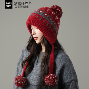 甜美费尔岛风提花毛线帽子女冬季针织护耳保暖显脸小绑带毛球包头