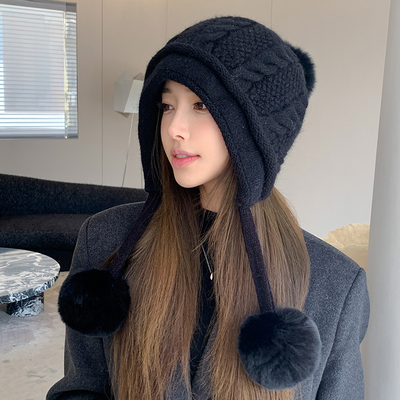 冬季加绒护耳帽子女雷锋三球毛线帽兔毛混纺麻花复古显脸小保暖帽