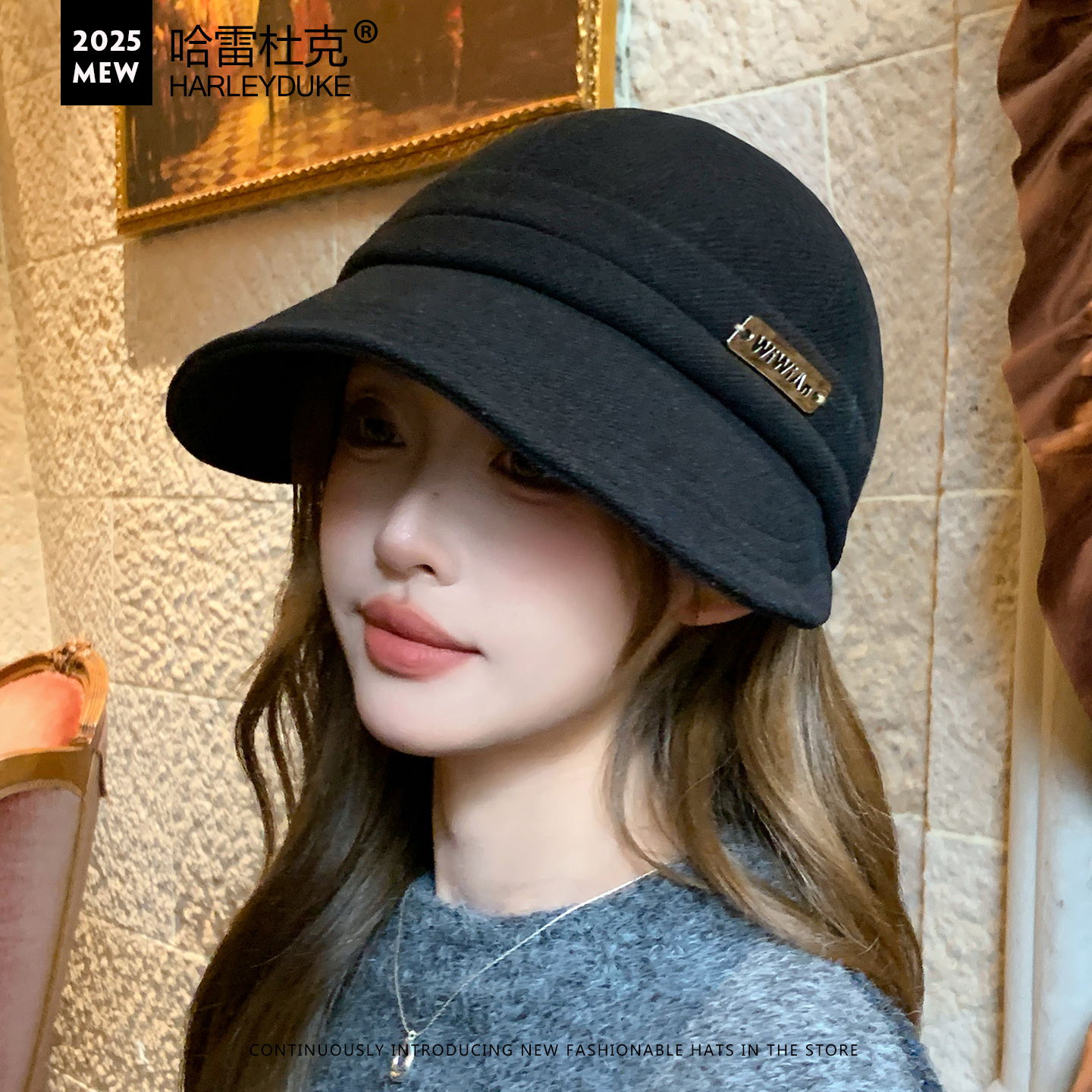 秋冬季纯色极简马术鸭舌帽子女