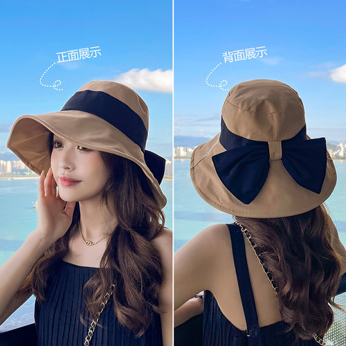 淑女撞色蝴蝶结纯色棉布渔夫帽