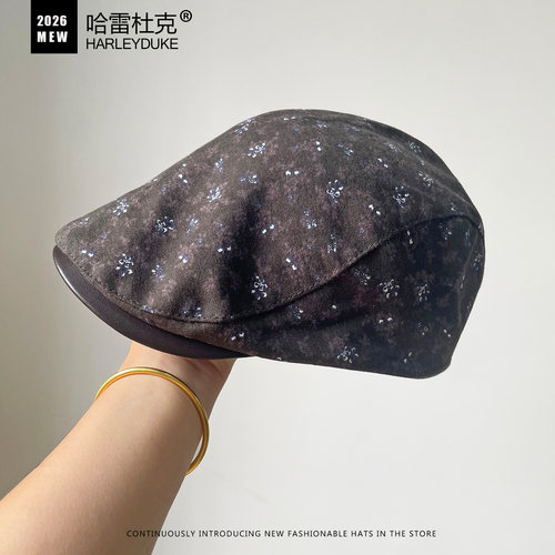 前进帽女皮革帽檐复古碎花报童帽