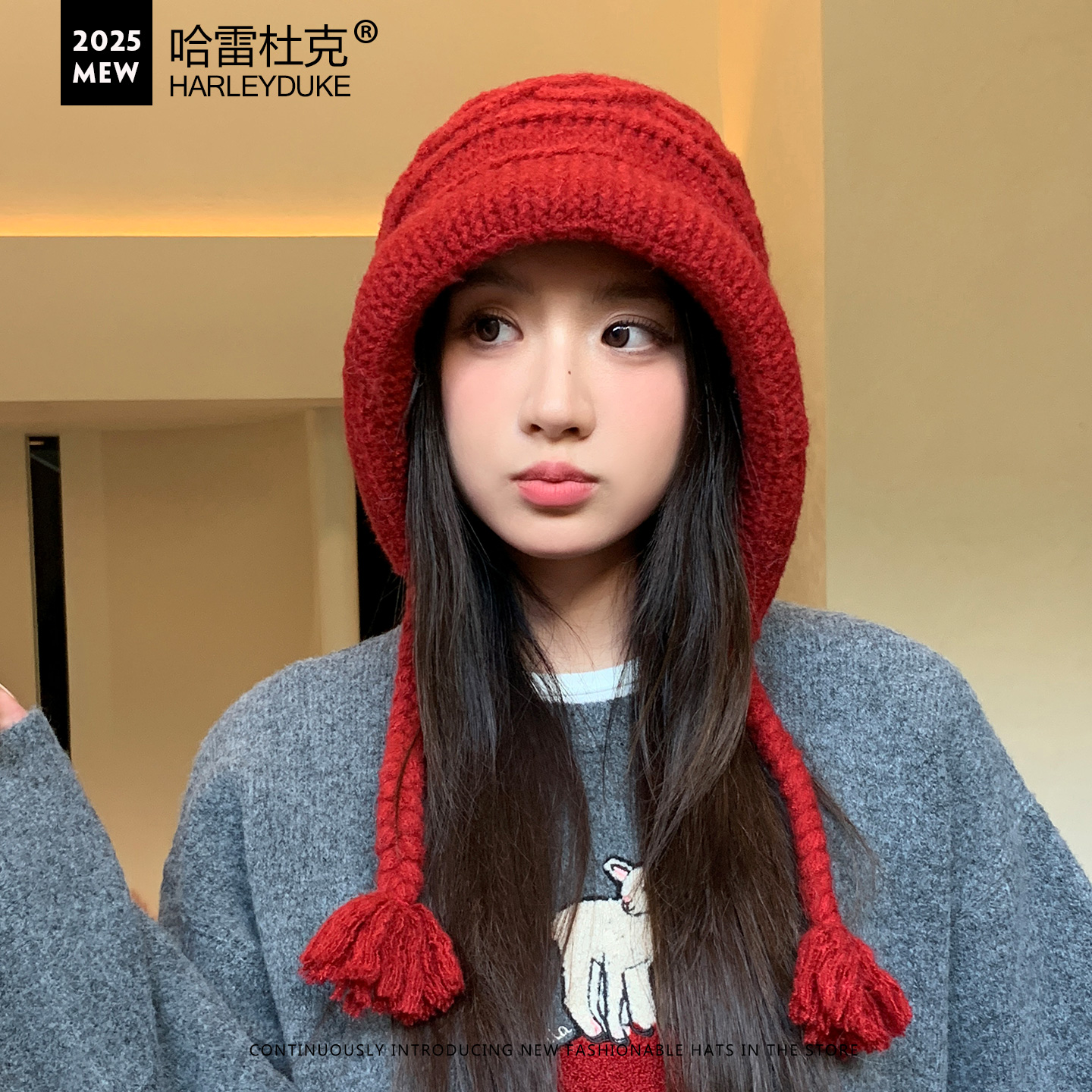 秋冬女麻花辫子粗毛线包头护耳帽