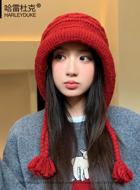红色喜庆毛线帽子女2025秋冬季新款保暖防风护耳雷锋帽针织包头帽