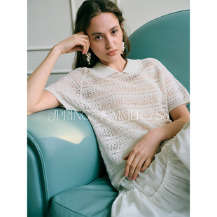 春夏精致感镂空钩花显瘦娃娃领针织衫 休闲慵懒上衣 26ss法式