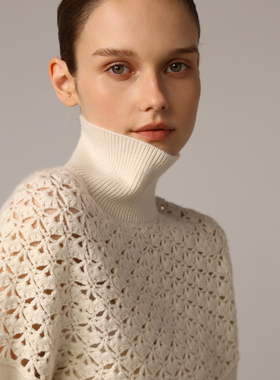 SO 25秋冬羊绒+绵羊毛手工针织钩花高领镂空显瘦长袖针织套装