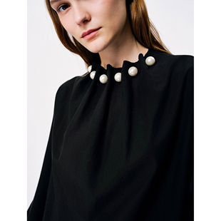 SO 原创设计25秋款通勤时髦百搭黑白双色褶皱钉珠长袖衬衫上衣女