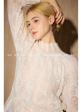 SO【羊绒羊毛】初秋半高领套头拼接花边气质显瘦透感双色针织上衣