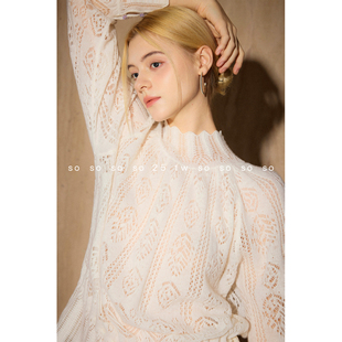 SO【羊绒羊毛】初秋半高领套头拼接花边气质显瘦透感双色针织上衣