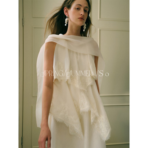 SO 26ss法式春夏本白珠光纱拼接蕾丝气质精致飘带显瘦连衣裙