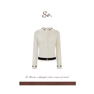 SO 【100绵羊毛】法式精致感镂空针织开衫小香风百搭毛衣上衣