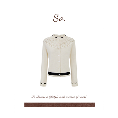 SO 【100绵羊毛】法式精致感镂空针织开衫小香风百搭毛衣上衣