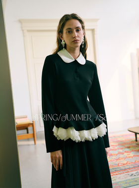 SO 【下摆可拆卸】26ss春夏缎面翻领气质黑色长袖修身显瘦上衣