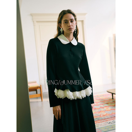 SO 【下摆可拆卸】26ss春夏缎面翻领气质黑色长袖修身显瘦上衣