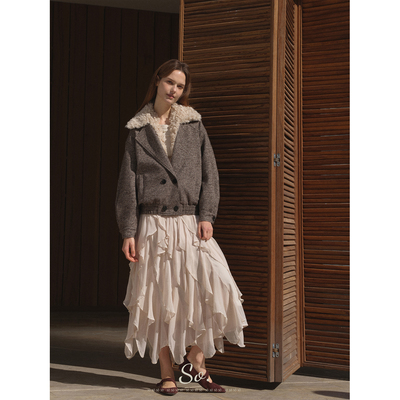 SO羊毛双层立体领口+可拆卸内搭羔毛设计感毛呢短款夹克外套