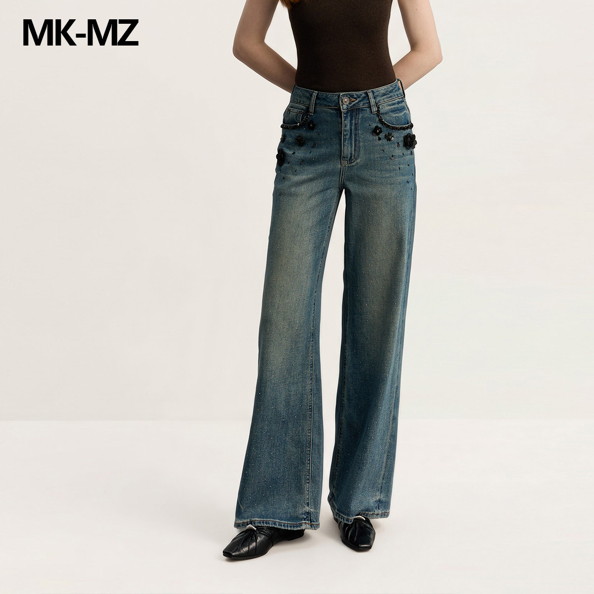 MKMZ重工秋季新款牛仔裤女重工纯手工直筒裤山茶花怀旧工艺阔腿裤