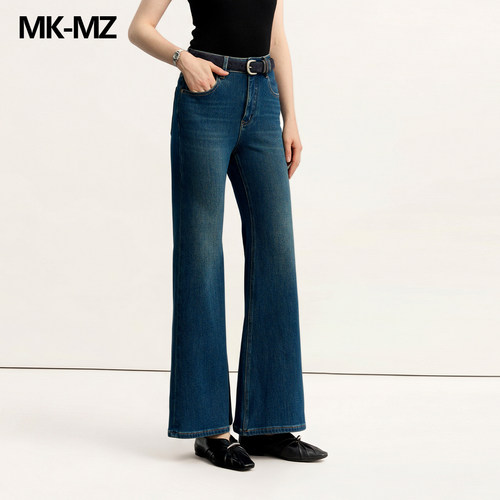 MKMZ重工奶杏色大喇叭牛仔裤女春秋高腰垂感显瘦显高长裤