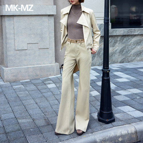 MKMZ重工奶杏色大喇叭牛仔裤女春秋高腰垂感显瘦显高长裤