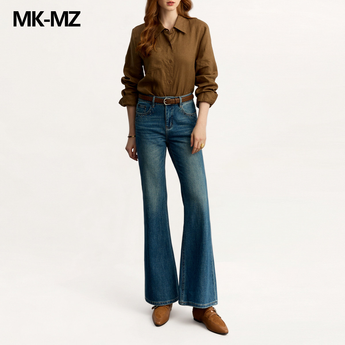 MKMZ「星滩漫染」重工袋口碎钻微喇牛仔裤女高腰复古休闲长裤子