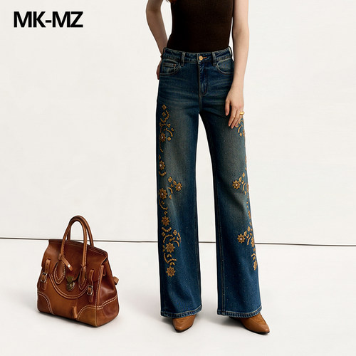 MKMZ重工侧边绣花阔腿牛仔裤女深蓝渐变高腰垂感显高长裤