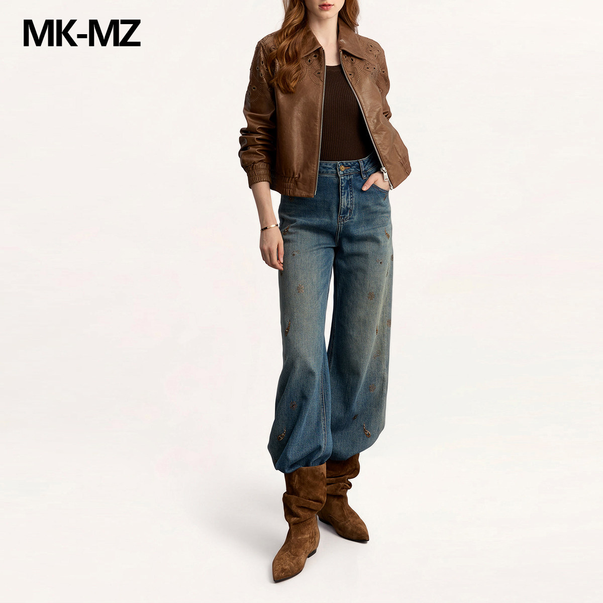MKMZ「花屿尘光」重工烫花牛仔裤女阔腿高腰做旧松弛感直筒长裤子