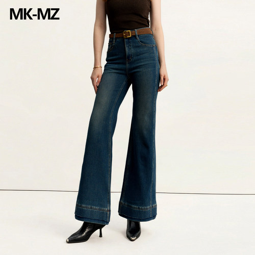 MKMZ重工翻边裤脚喇叭牛仔裤女春秋高腰垂感显瘦显高长裤