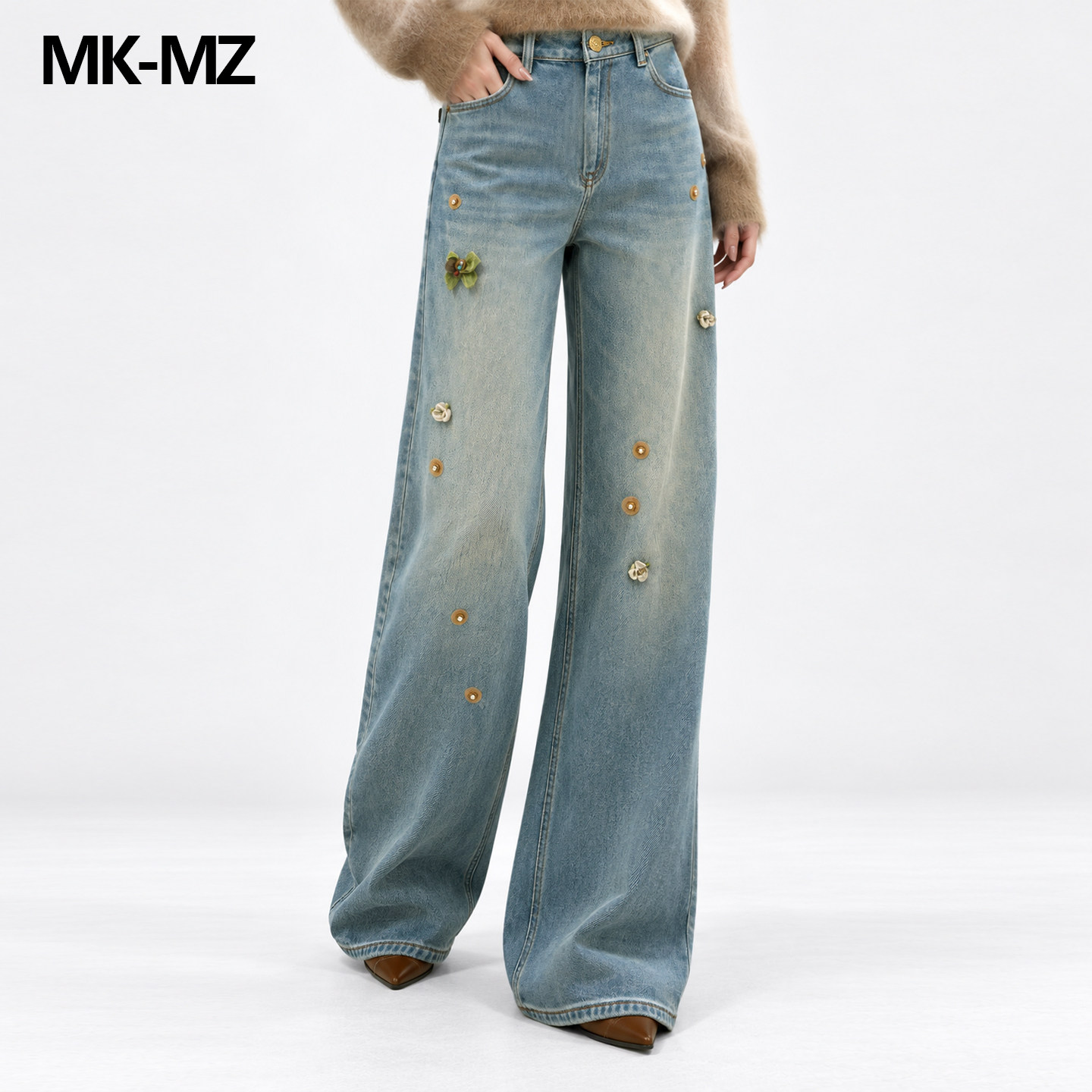 MKMZ「花信漫野」浅蓝立体花朵阔腿加绒牛仔裤女高腰显瘦拖地长裤