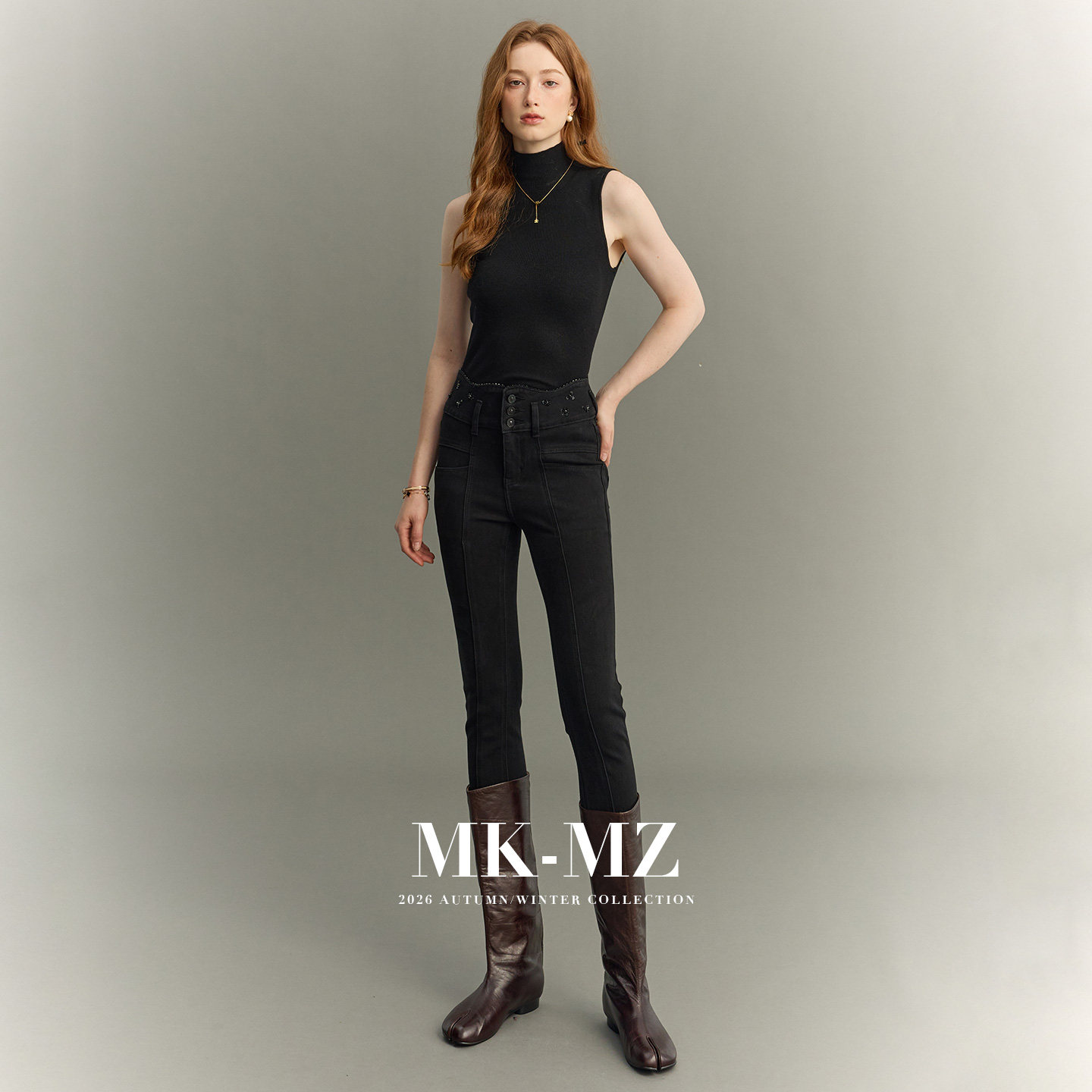 MKMZ秋季水洗纯黑微喇牛仔裤女超高腰重工手缝腰头垂坠收腰直长裤