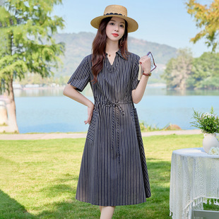 女装 百搭休闲宽松型系带显瘦中长裙条纹A字裙NI6306 新款 2026夏季