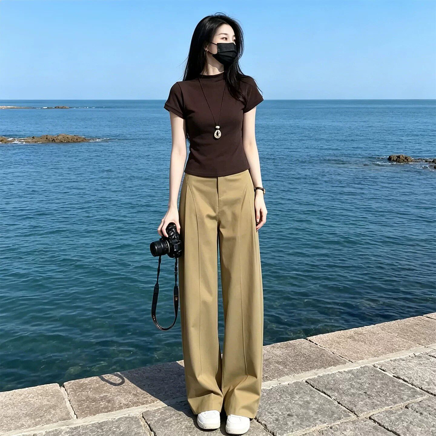 韩系休闲运动套装女夏时尚修身显瘦短袖T恤高腰阔腿裤薄款两件套