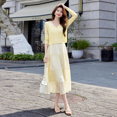 2026年夏季时尚优雅气质潮流针织衫刺绣吊带连衣裙两件套AB26031