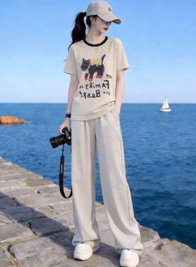 欧洲站休闲运动套装女2026新款夏季时尚洋气卡通印花短袖两件套潮