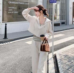 时尚套装2026春季新款女气质连帽外套+条纹背心+长裤三件套裤902