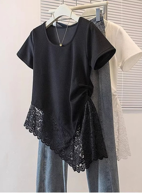 蕾丝拼接短袖T恤女2026夏季新款时尚显瘦百搭不规则上衣潮A11420