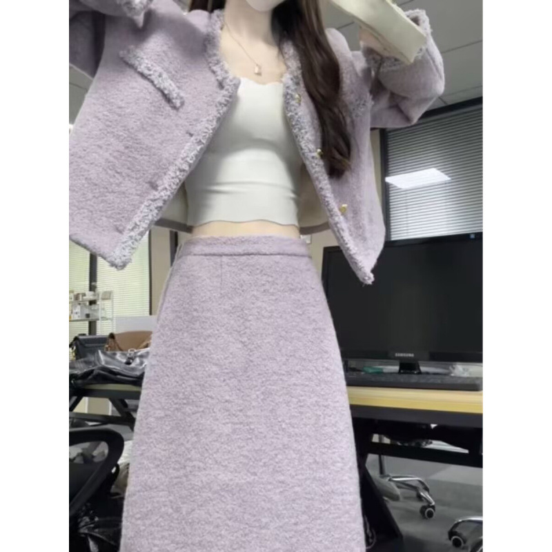 紫色连衣裙女2025冬季长袖外套包臀半身裙两件套装小香风富家千金