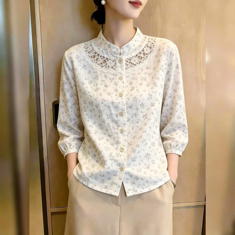 法式小众碎花衬衫女2026秋季通勤风蕾丝宽松显瘦百搭上衣