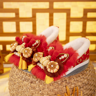 绣花鞋 迎龙接福棉2025冬新款 中式 兔毛平底舒适棉鞋 非遗手工虎头鞋
