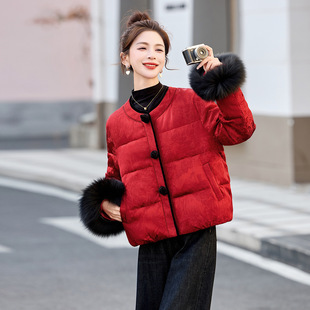 保暖外套C7722 口可拆卸围脖红色羽绒服2025冬新款 新中式 狐狸毛袖