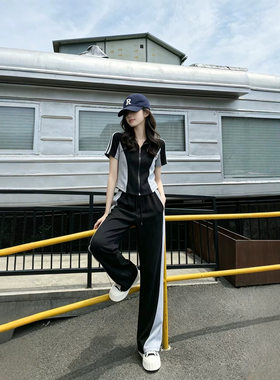 休闲运动套装女夏季薄款时尚洋气女装撞色显瘦短袖阔腿裤子两件套