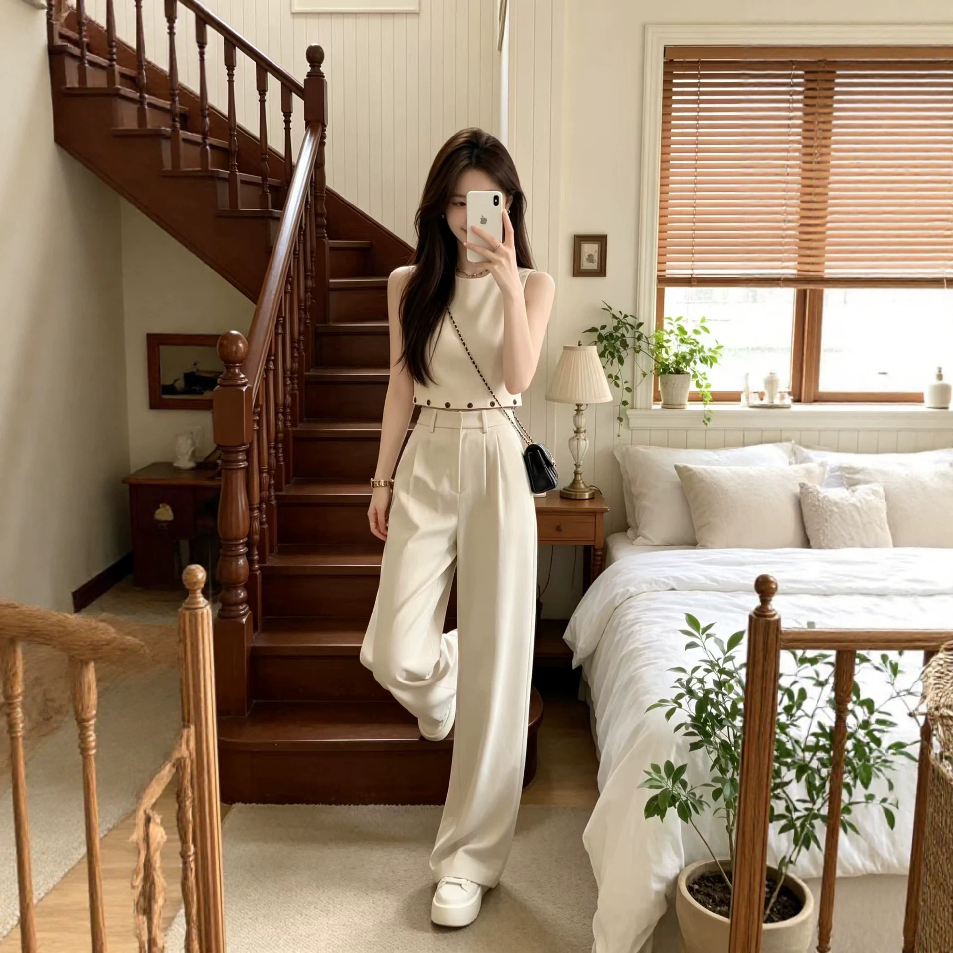 今年流行漂亮夏装超好看杏色波点衬衫裤子两件套盐系轻熟通勤套装