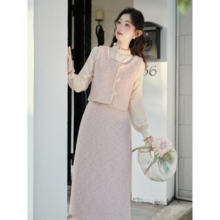 巨好看冬装一整套女法式小香风富家千金粉色马甲打底衫半身裙套装