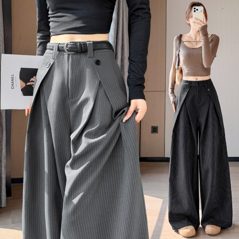 美式条纹阔腿西装裤女2026秋冬设计感低腰显瘦直筒休闲裤