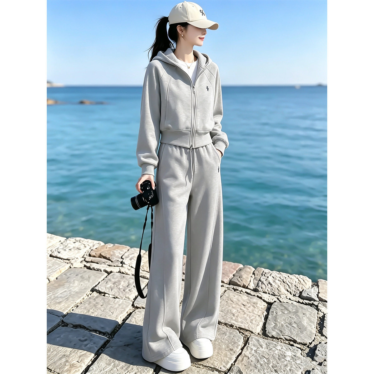 时尚减龄休闲运动套装女秋冬款高端洋气灰色外套上衣阔腿裤两件套