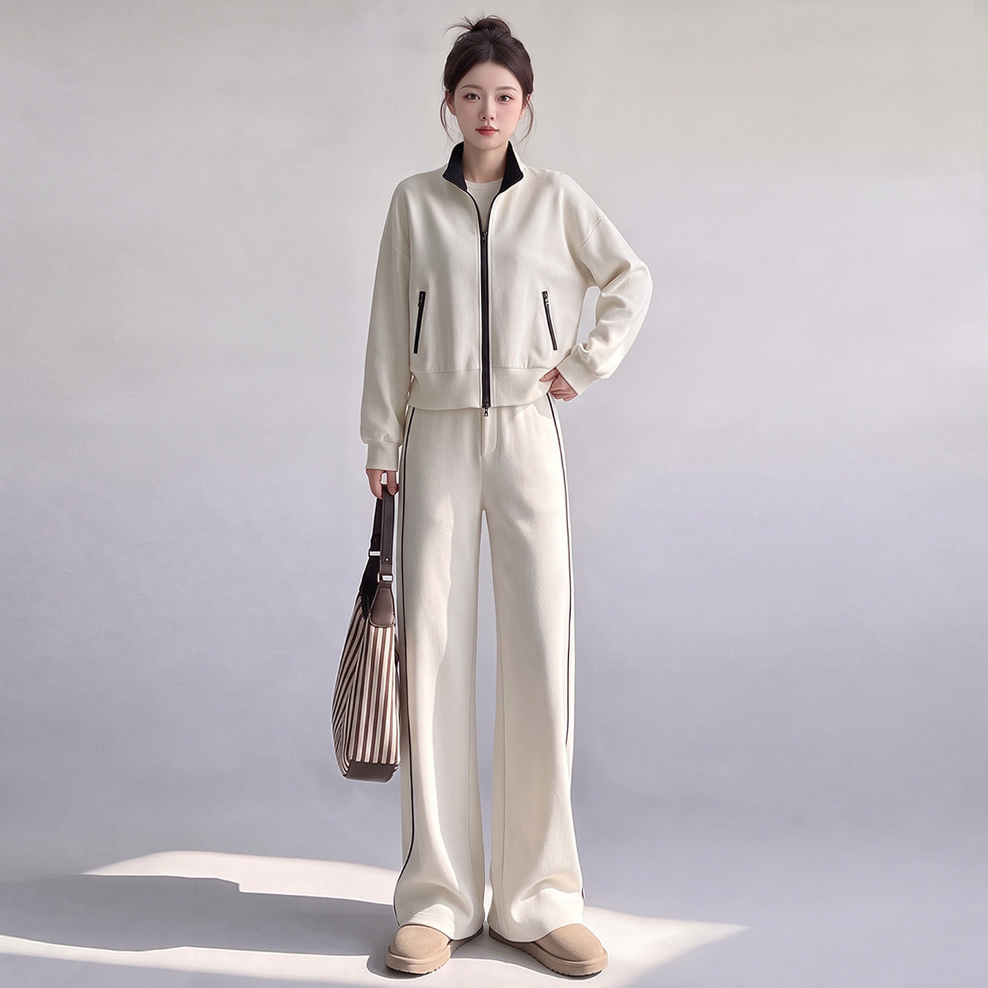高级感白色套装女2026秋冬新款减龄立领拉链卫衣阔腿裤时尚两件套