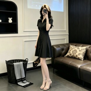 韩系连衣裙女2026新款夏高级感通勤气质黑色收腰显瘦轻职风衬衫裙
