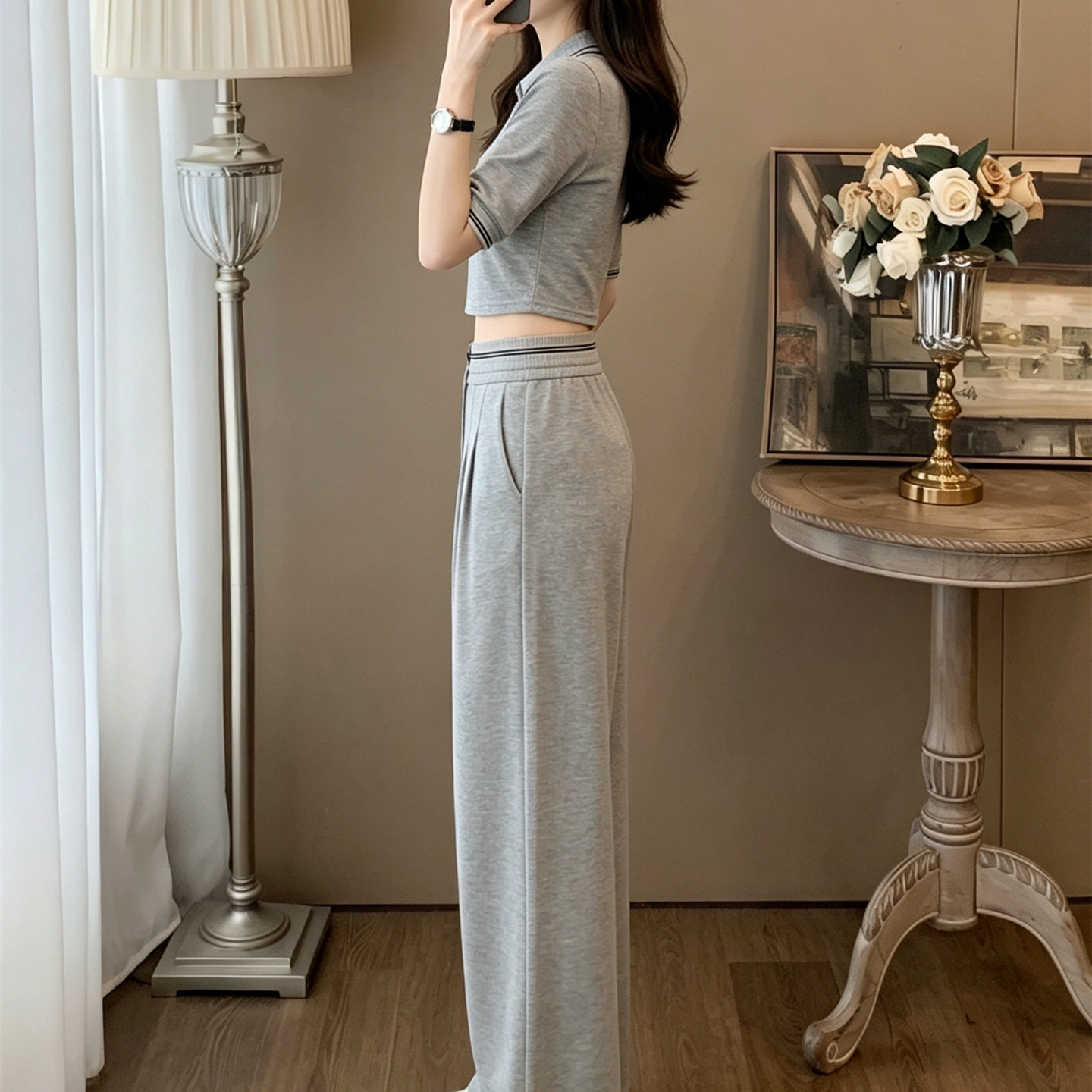 韩系休闲运动套装女夏季新款时尚减龄灰色polo领短袖阔腿裤两件套