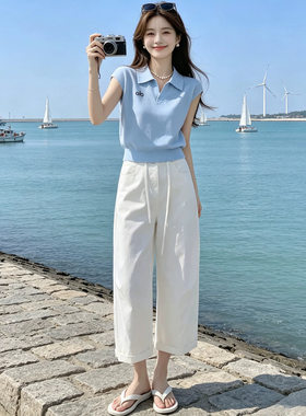 南油韩系巨好看休闲运动套装夏季减龄印花T恤九分裤小个子两件套